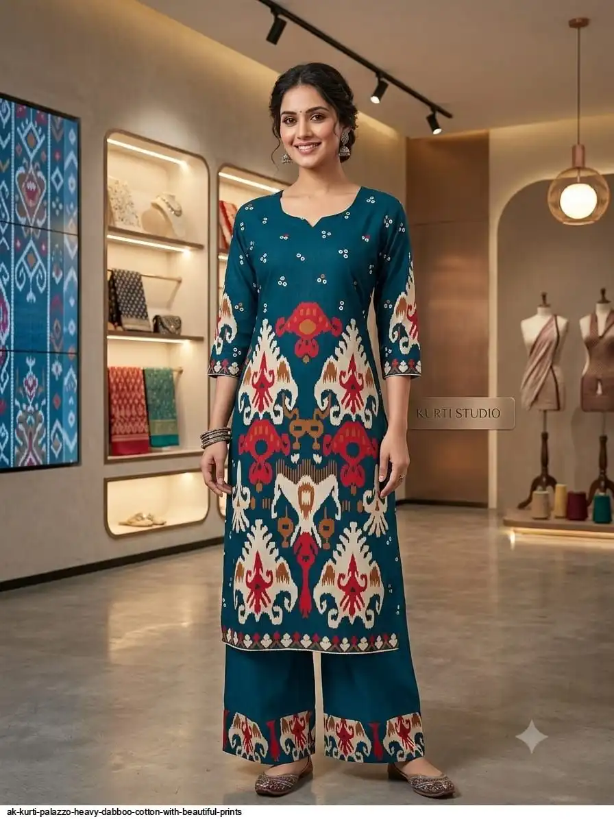 AK KURTI PALAZZO HEAVY DABBOO COTTON WITH BEAUTIFUL PRINTS A