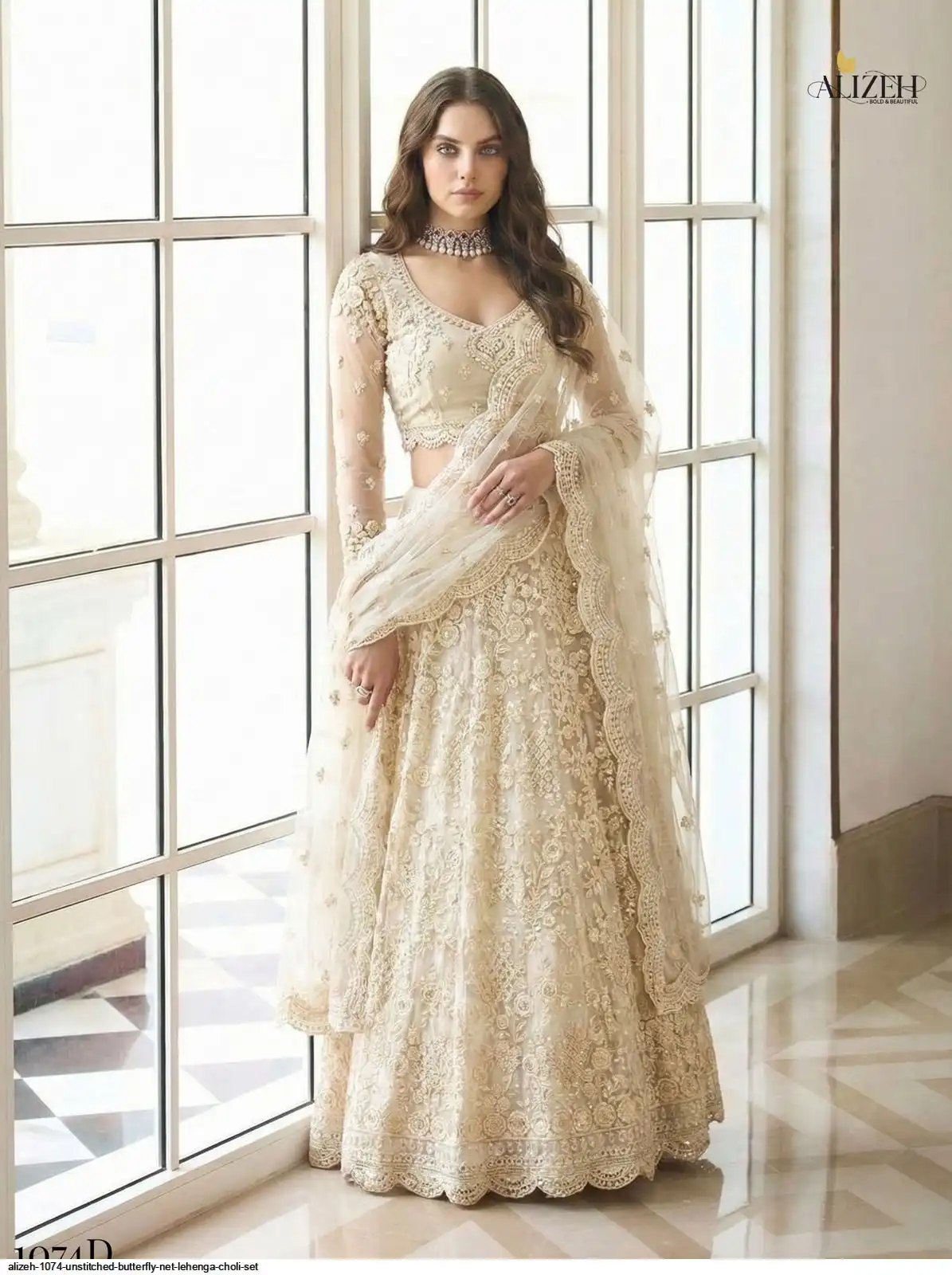 ALIZEH 1074 UNSTITCHED BUTTERFLY NET LEHENGA CHOLI SET C