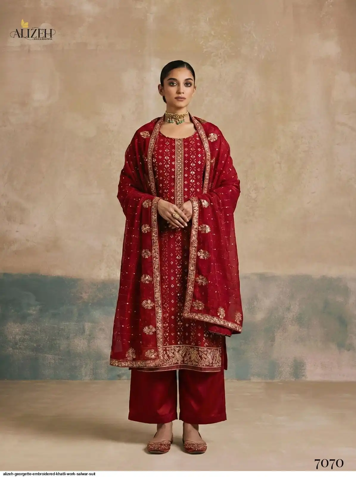 ALIZEH GEORGETTE EMBROIDERED KHATLI WORK SALWAR SUIT 7070