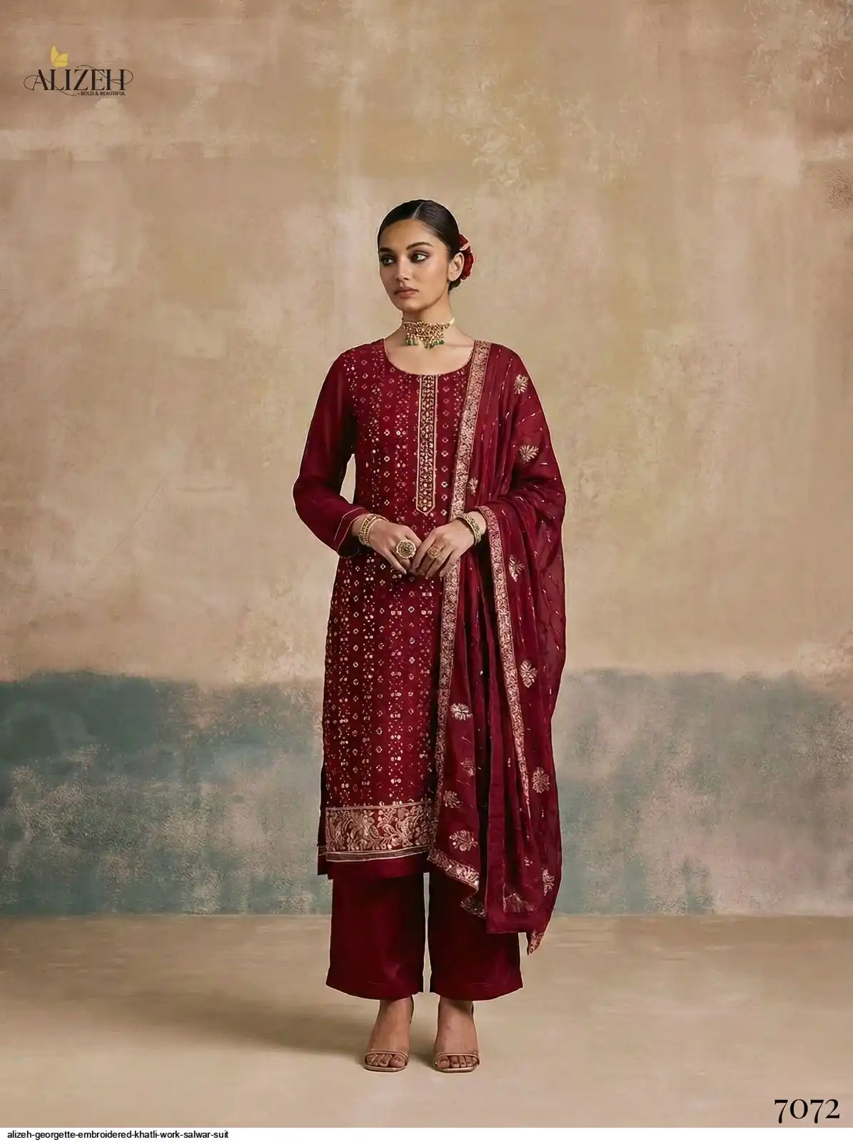 ALIZEH GEORGETTE EMBROIDERED KHATLI WORK SALWAR SUIT 7072