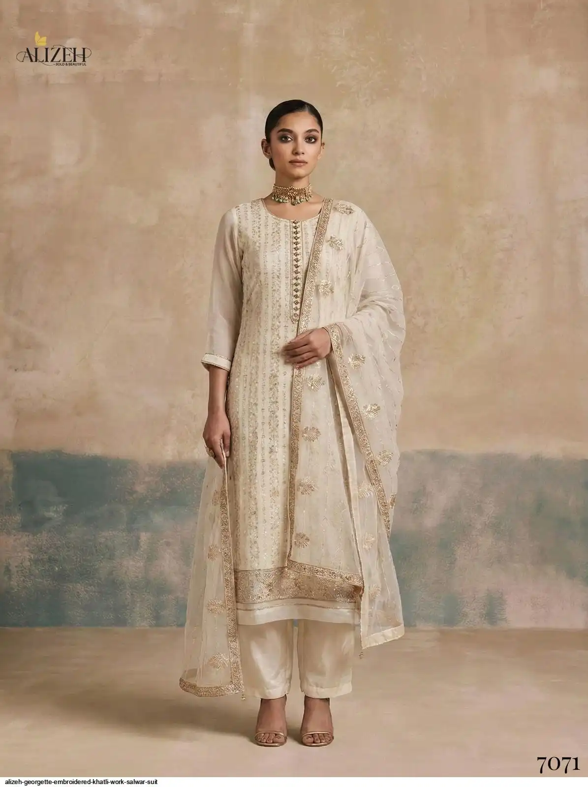 ALIZEH GEORGETTE EMBROIDERED KHATLI WORK SALWAR SUIT 7071
