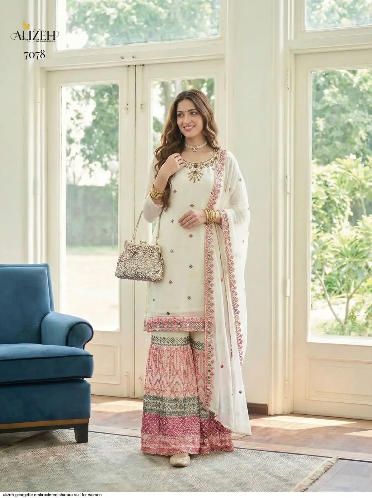 ALIZEH GEORGETTE EMBROIDERED SHARARA SUIT FOR WOMEN 7078