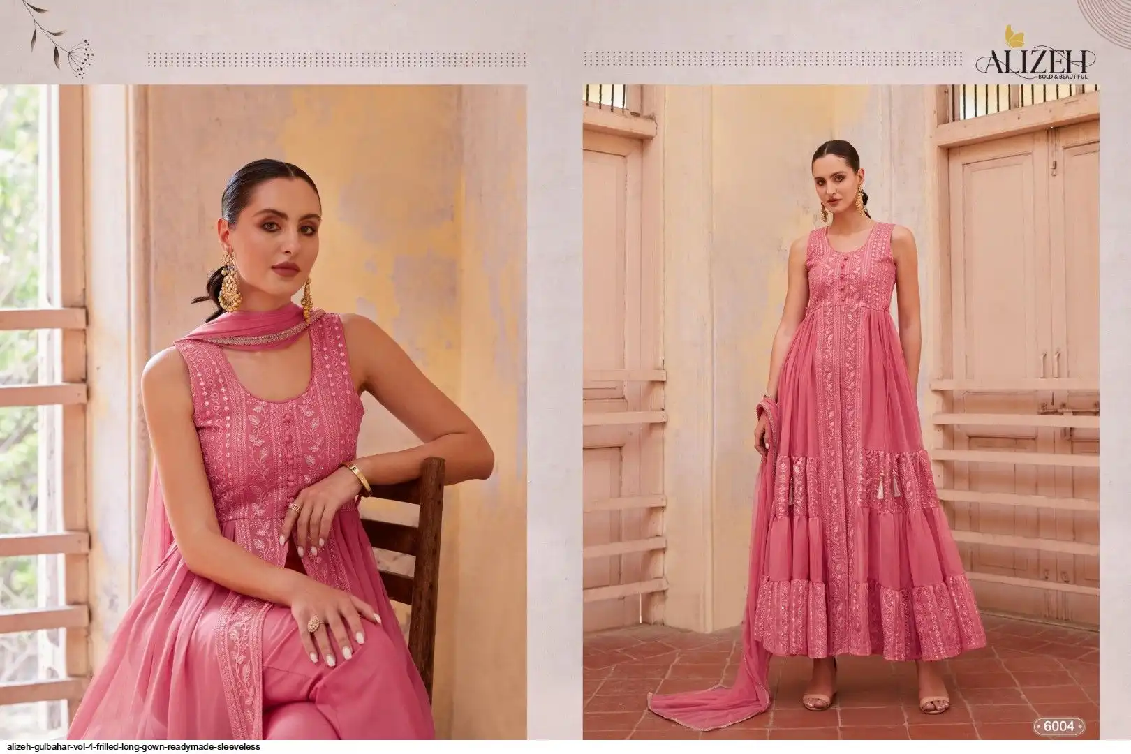 ALIZEH GULBAHAR VOL 4 FRILLED LONG GOWN READYMADE SLEEVELESS 6004