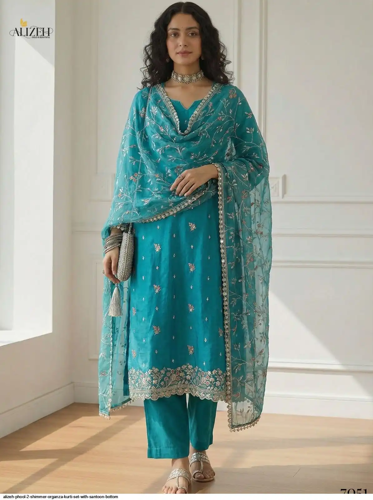 ALIZEH PHOOL 2 SHIMMER ORGANZA KURTI SET WITH SANTOON BOTTOM 7051
