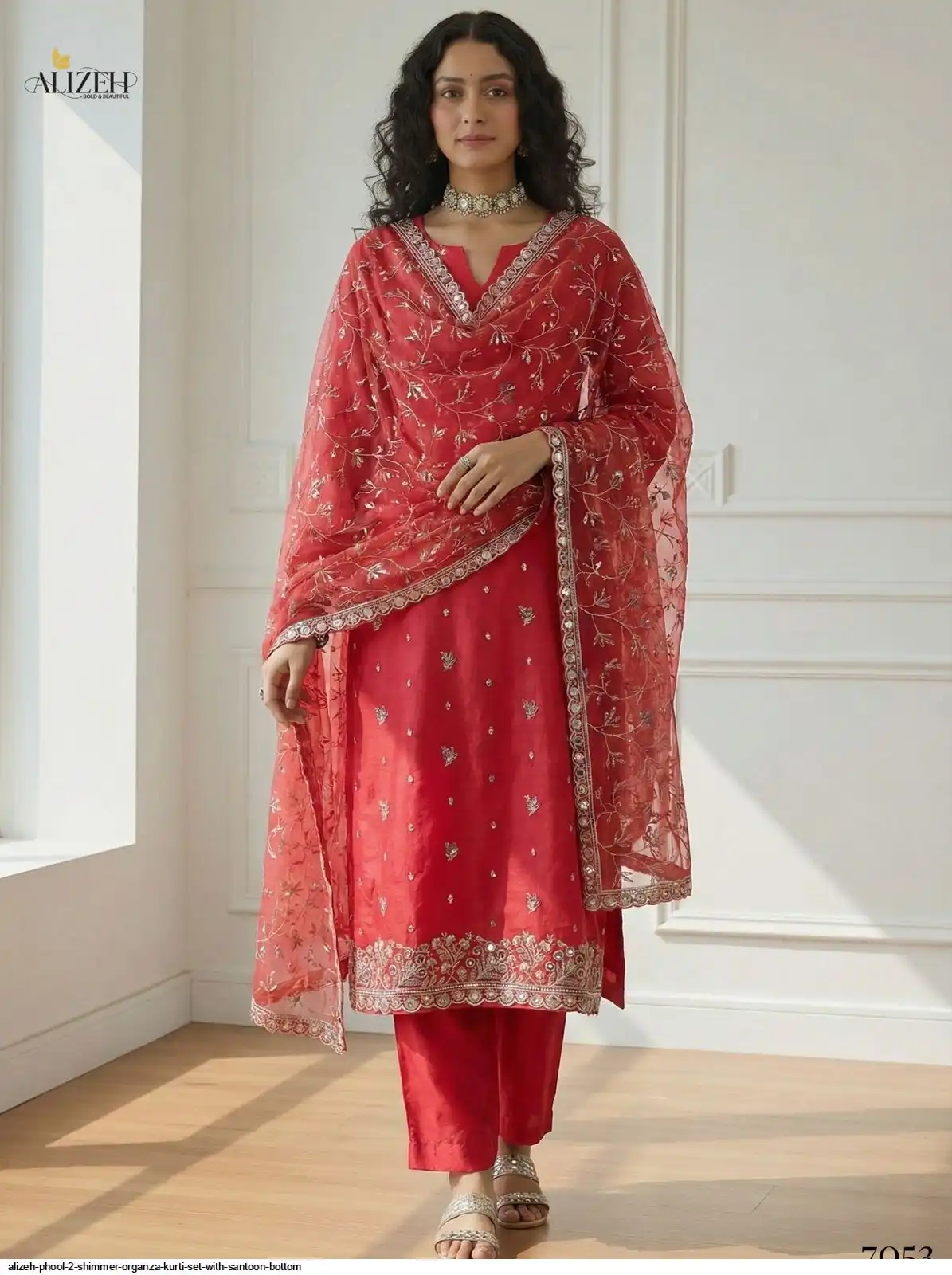 ALIZEH PHOOL 2 SHIMMER ORGANZA KURTI SET WITH SANTOON BOTTOM 7053