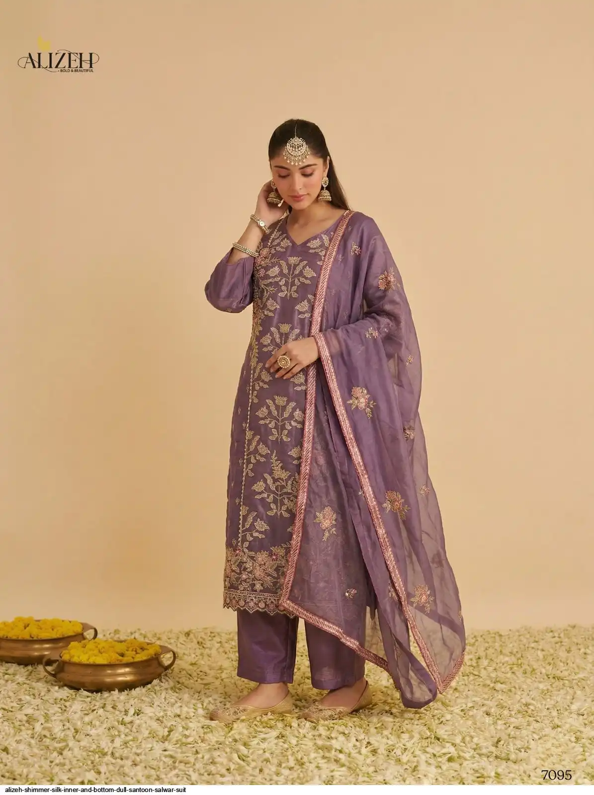 ALIZEH SHIMMER SILK INNER AND BOTTOM DULL SANTOON SALWAR SUIT 7095