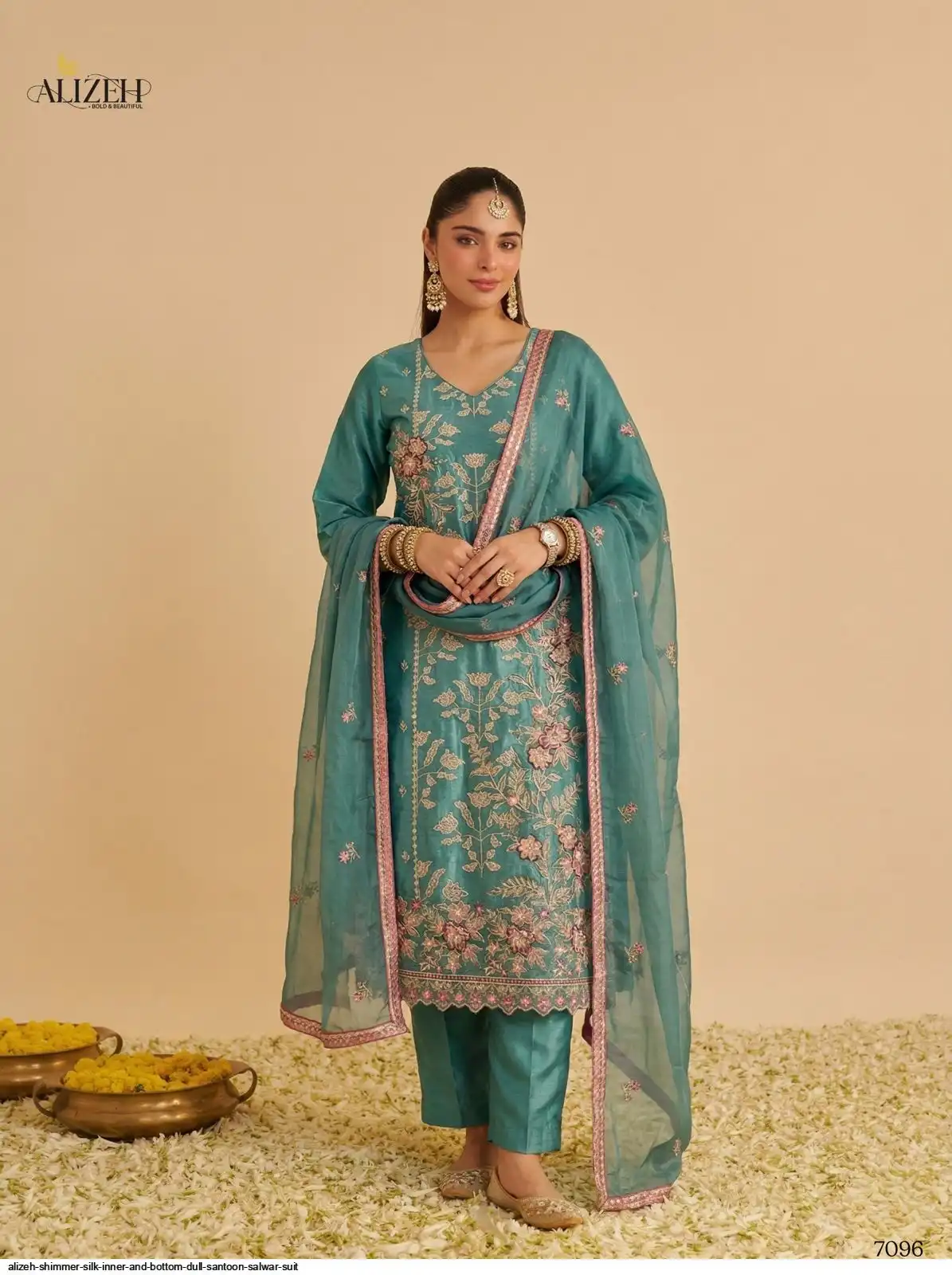 ALIZEH SHIMMER SILK INNER AND BOTTOM DULL SANTOON SALWAR SUIT 7096