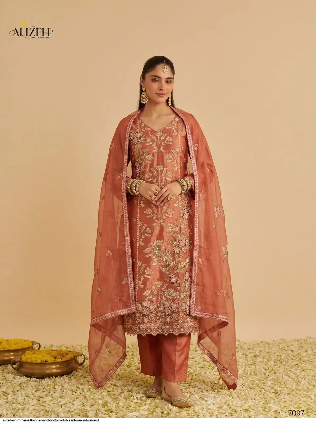 ALIZEH SHIMMER SILK INNER AND BOTTOM DULL SANTOON SALWAR SUIT 7097
