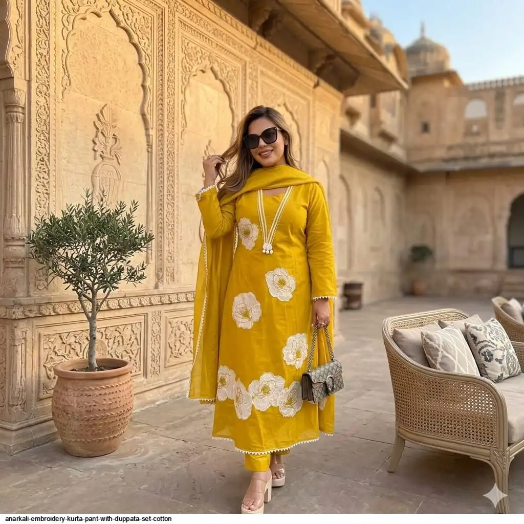 ANARKALI EMBROIDERY KURTA PANT WITH DUPPATA SET COTTON 2