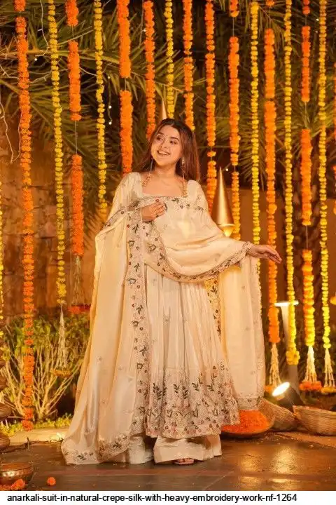ANARKALI SUIT IN NATURAL CREPE SILK WITH HEAVY EMBROIDERY WORK NF 1264 C