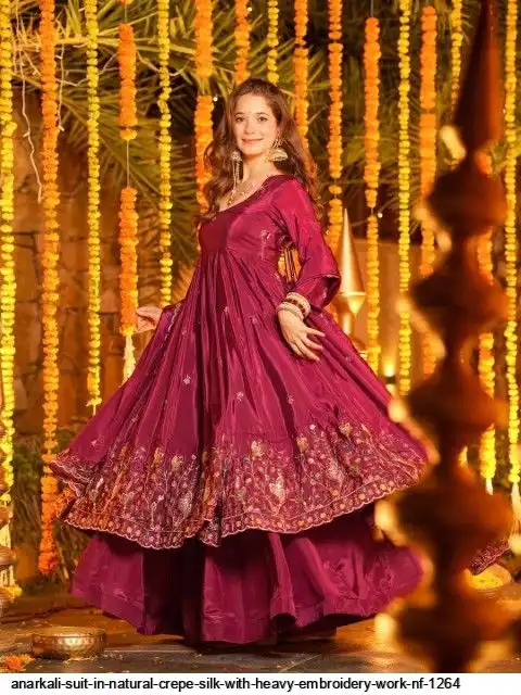 ANARKALI SUIT IN NATURAL CREPE SILK WITH HEAVY EMBROIDERY WORK NF 1264 D