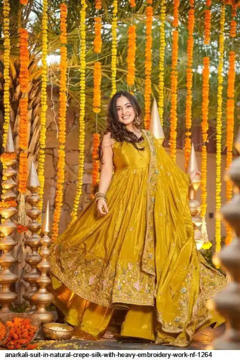 ANARKALI SUIT IN NATURAL CREPE SILK WITH HEAVY EMBROIDERY WORK NF 1264 A