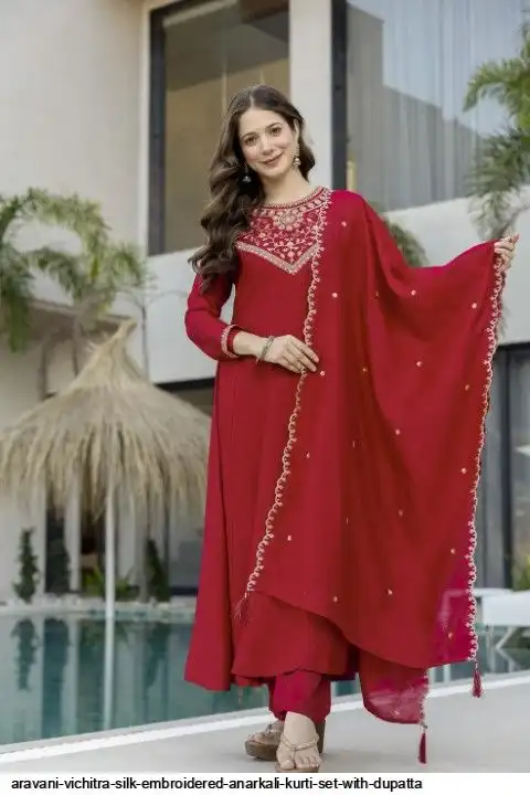 ARAVANI VICHITRA SILK EMBROIDERED ANARKALI KURTI SET WITH DUPATTA C
