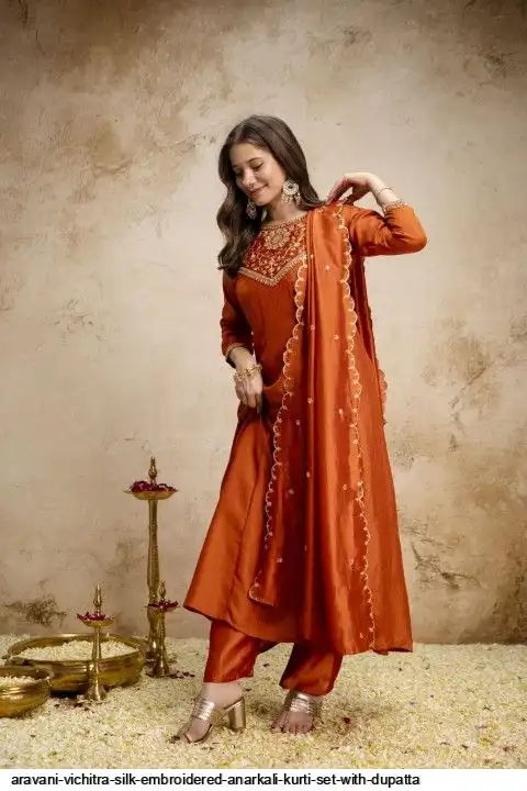 ARAVANI VICHITRA SILK EMBROIDERED ANARKALI KURTI SET WITH DUPATTA B