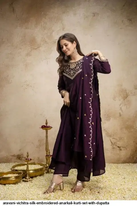ARAVANI VICHITRA SILK EMBROIDERED ANARKALI KURTI SET WITH DUPATTA E