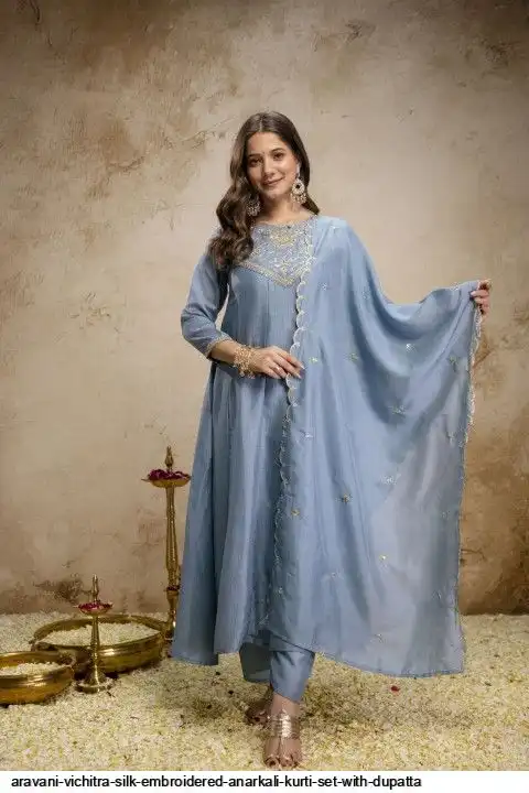 ARAVANI VICHITRA SILK EMBROIDERED ANARKALI KURTI SET WITH DUPATTA D