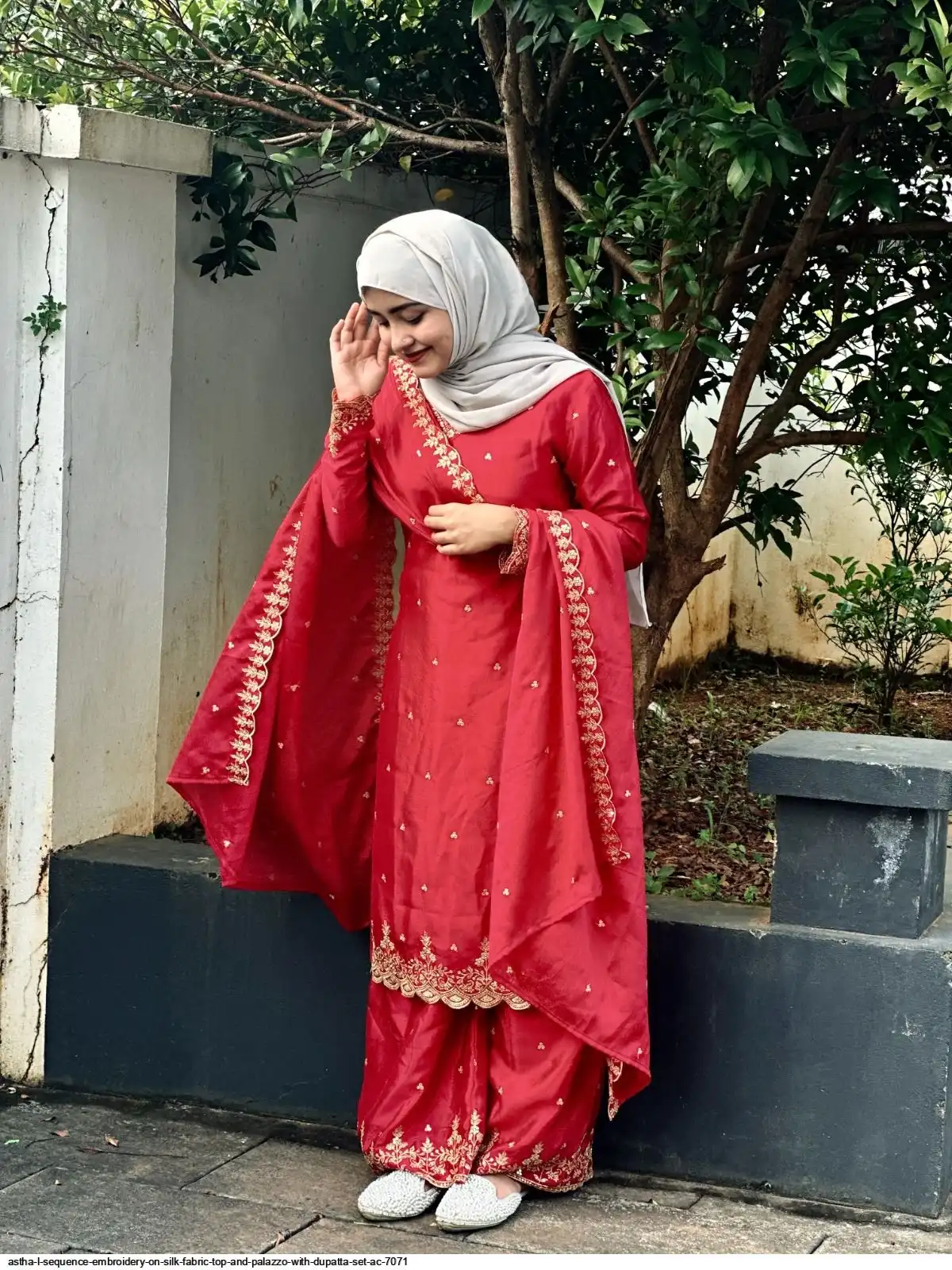 ASTHA L SEQUENCE EMBROIDERY ON SILK FABRIC TOP AND PALAZZO WITH DUPATTA SET AC 7071 A