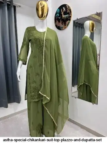 ASTHA SPECIAL CHIKANKARI SUIT TOP PLAZZO AND DUPATTA SET C