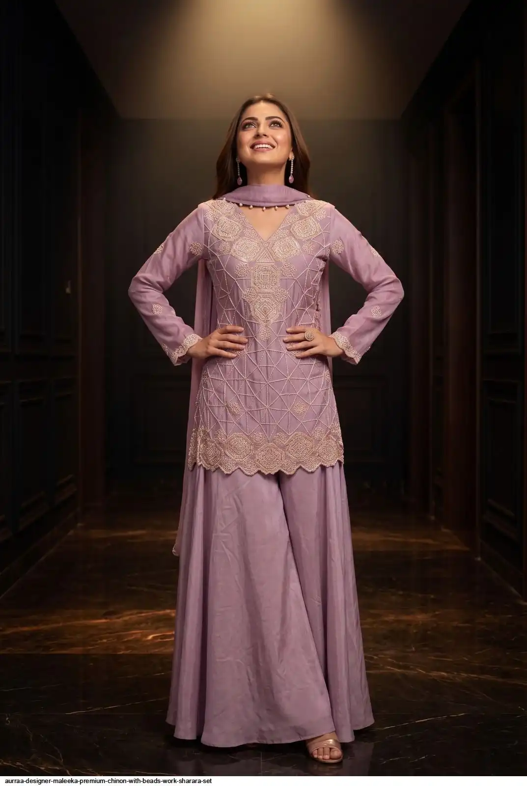 AURRAA DESIGNER MALEEKA PREMIUM CHINON WITH BEADS WORK SHARARA SET 1