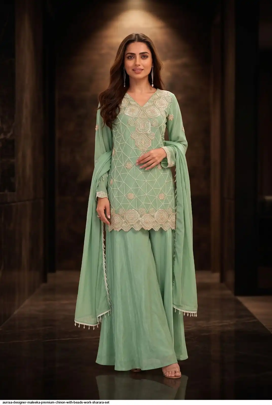 AURRAA DESIGNER MALEEKA PREMIUM CHINON WITH BEADS WORK SHARARA SET 2
