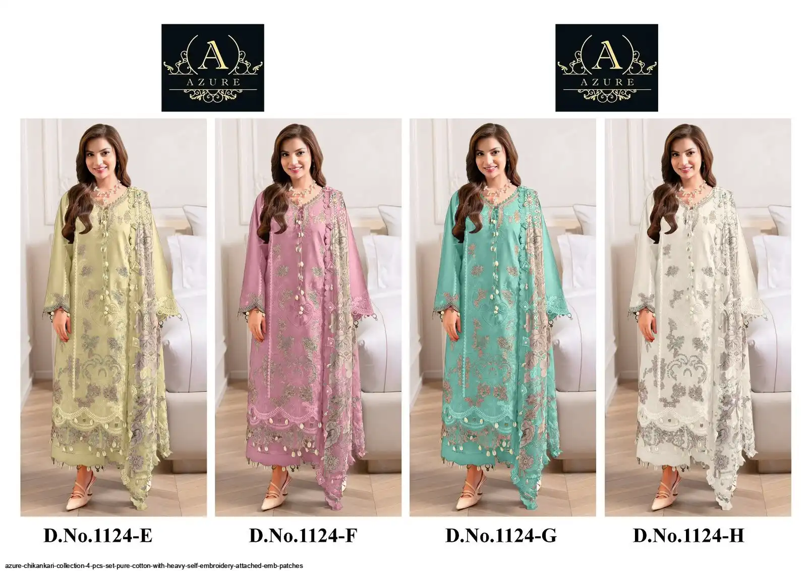 AZURE CHIKANKARI COLLECTION 4 PCS SET PURE COTTON WITH HEAVY SELF EMBROIDERY ATTACHED EMB PATCHES 22