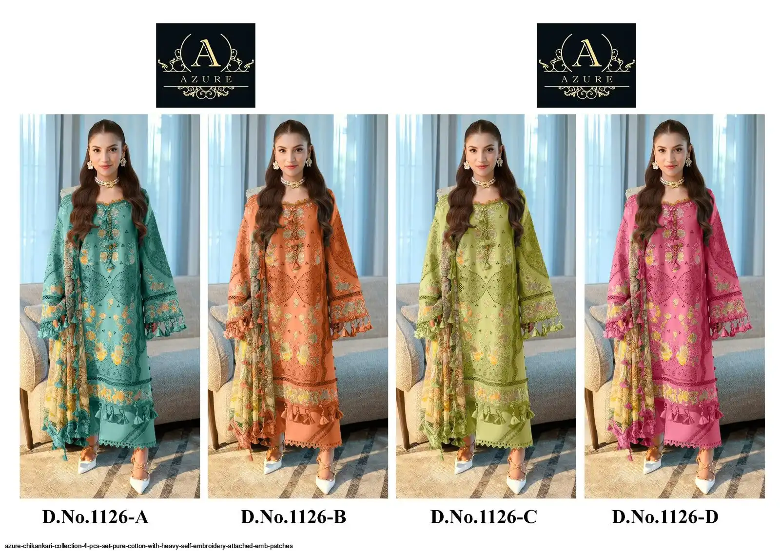 AZURE CHIKANKARI COLLECTION 4 PCS SET PURE COTTON WITH HEAVY SELF EMBROIDERY ATTACHED EMB PATCHES 21