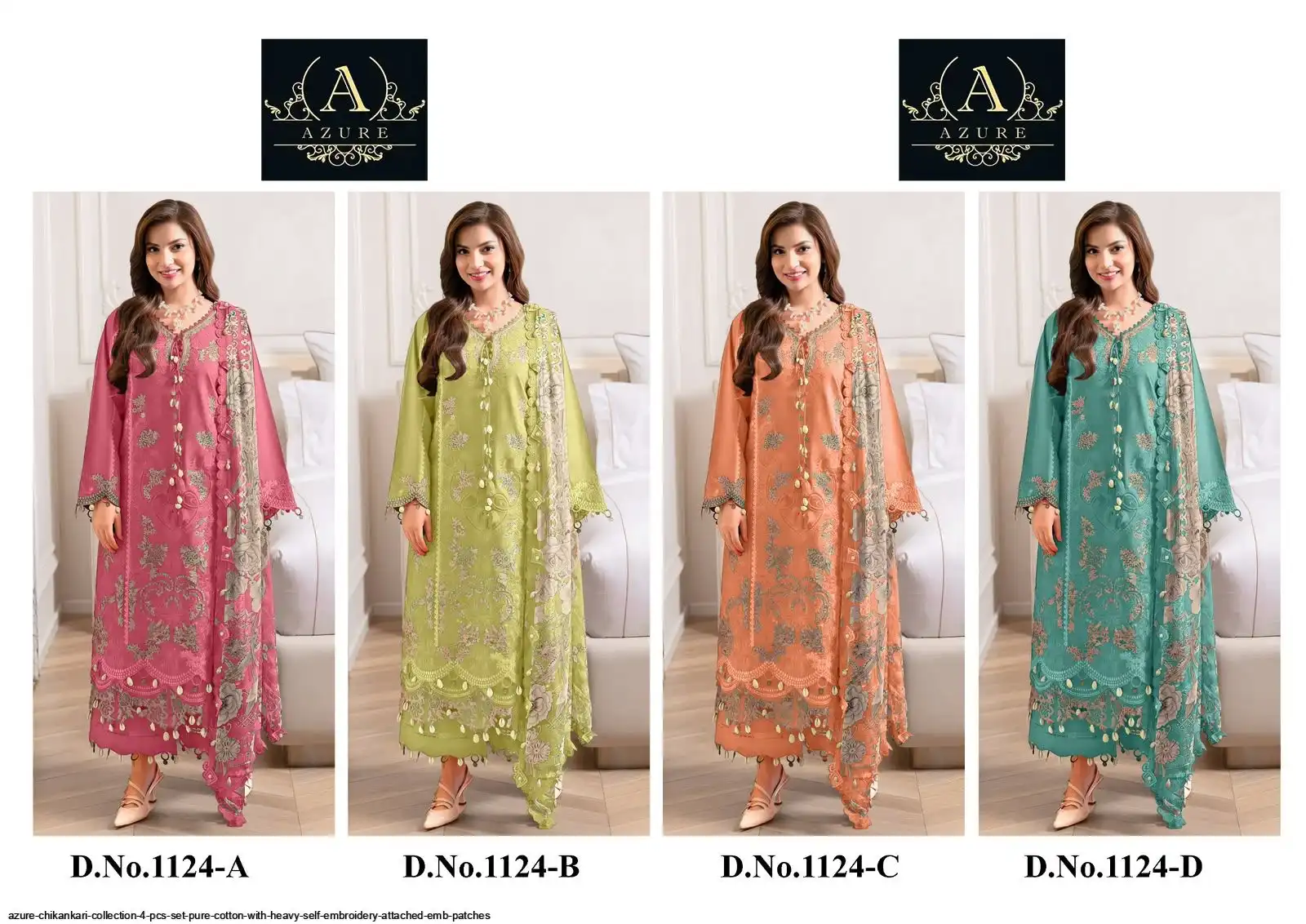 AZURE CHIKANKARI COLLECTION 4 PCS SET PURE COTTON WITH HEAVY SELF EMBROIDERY ATTACHED EMB PATCHES 23