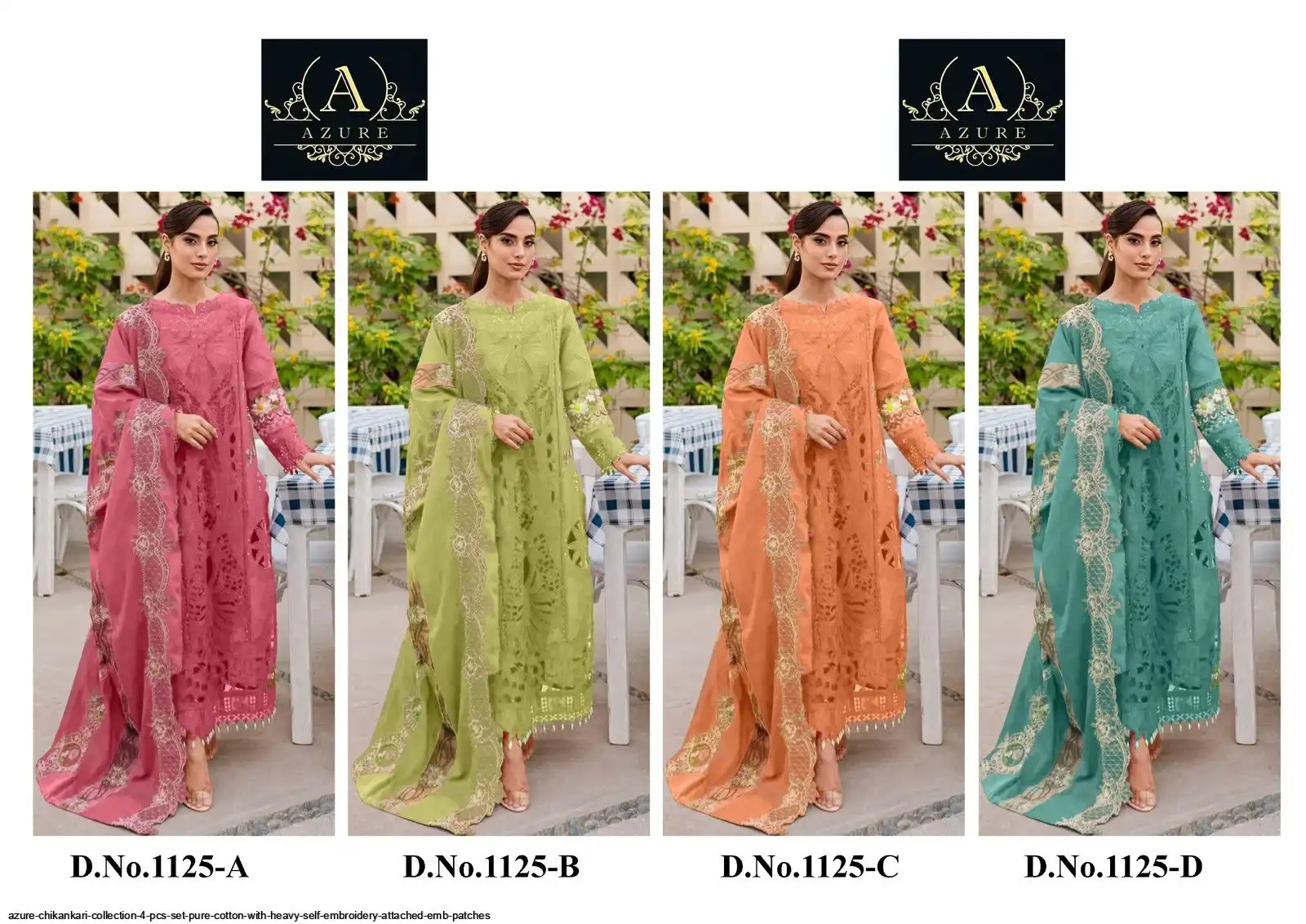 AZURE CHIKANKARI COLLECTION 4 PCS SET PURE COTTON WITH HEAVY SELF EMBROIDERY ATTACHED EMB PATCHES 24
