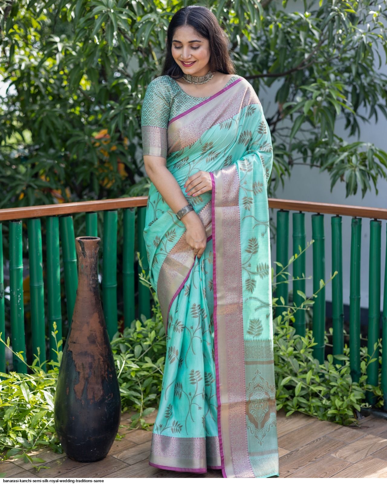 Color Block Series : Semi Kanchi Silk Saree - Ashblue x Cream main image 0
