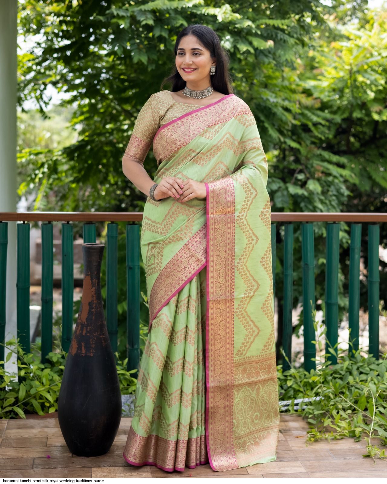 Color Block Series : Semi Kanchi Silk Saree - Ashblue x Cream main image 1