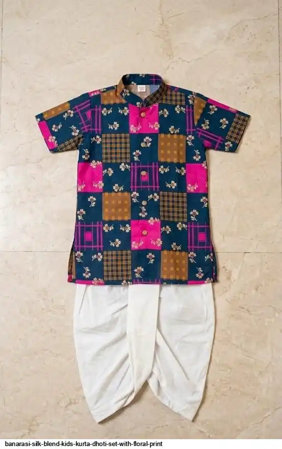 BANARASI SILK BLEND KIDS KURTA DHOTI SET WITH FLORAL PRINT C