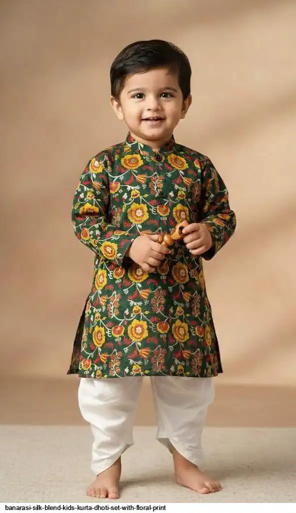 BANARASI SILK BLEND KIDS KURTA DHOTI SET WITH FLORAL PRINT A