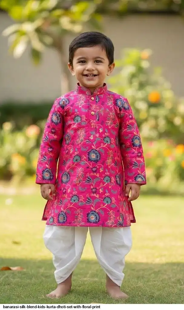 BANARASI SILK BLEND KIDS KURTA DHOTI SET WITH FLORAL PRINT B