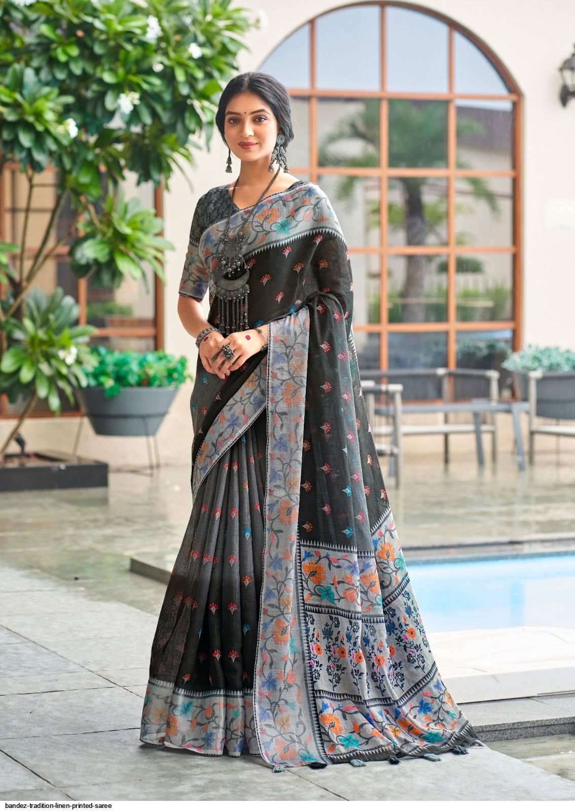 Green Bandhej Printed Saree In Linen 5017SR03