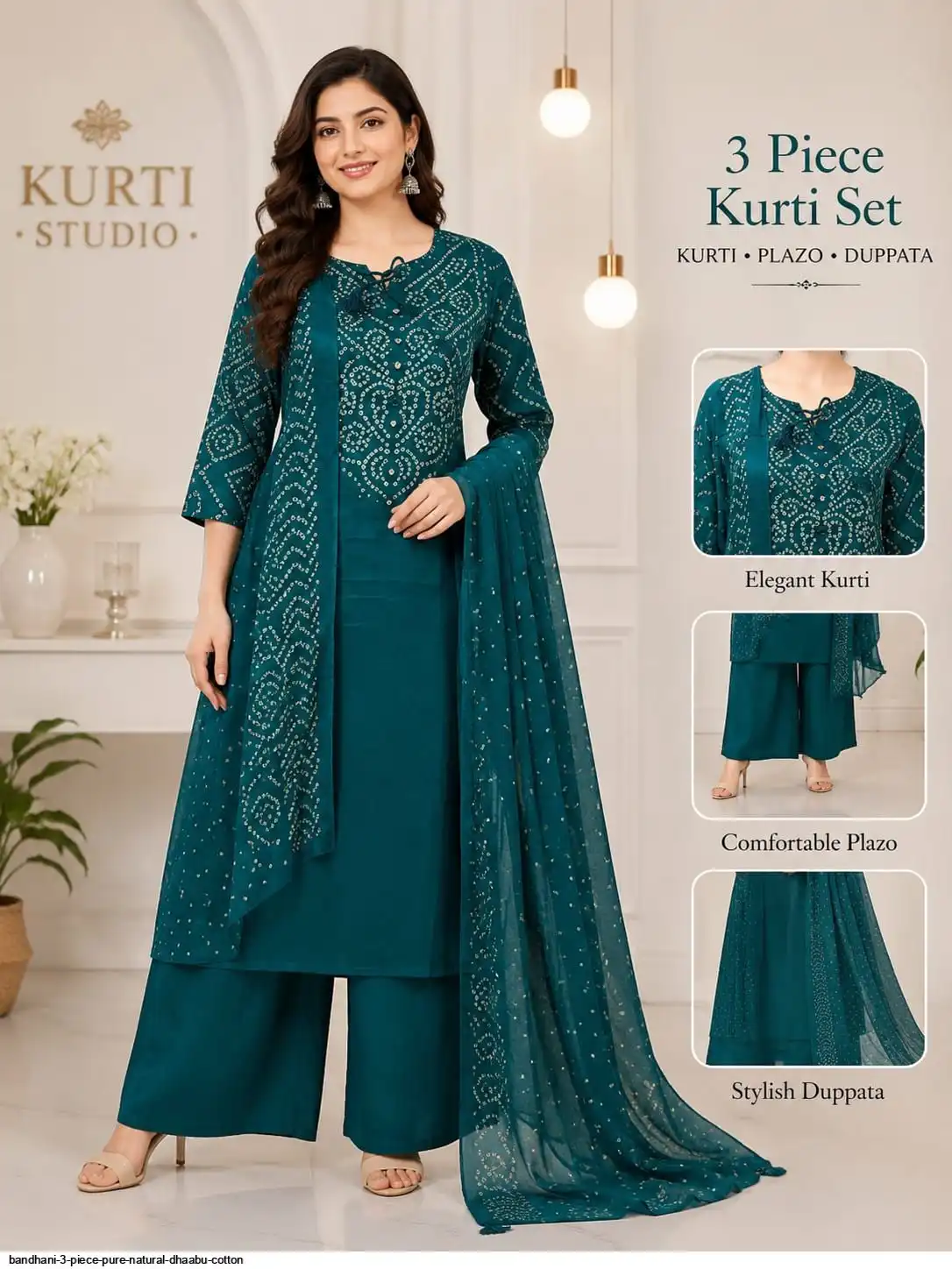 BANDHANI 3 PIECE PURE NATURAL DHAABU COTTON 3