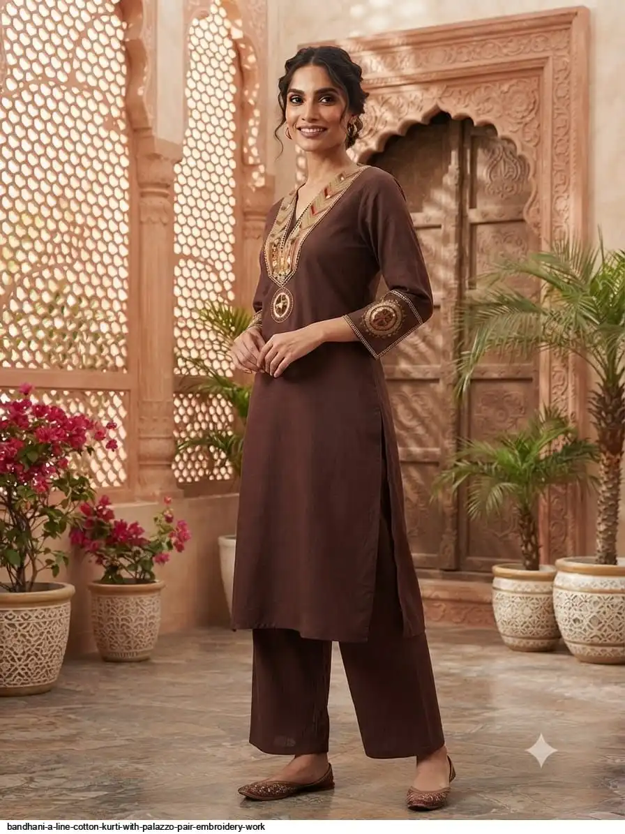 BANDHANI A LINE COTTON KURTI WITH PALAZZO PAIR EMBROIDERY WORK C
