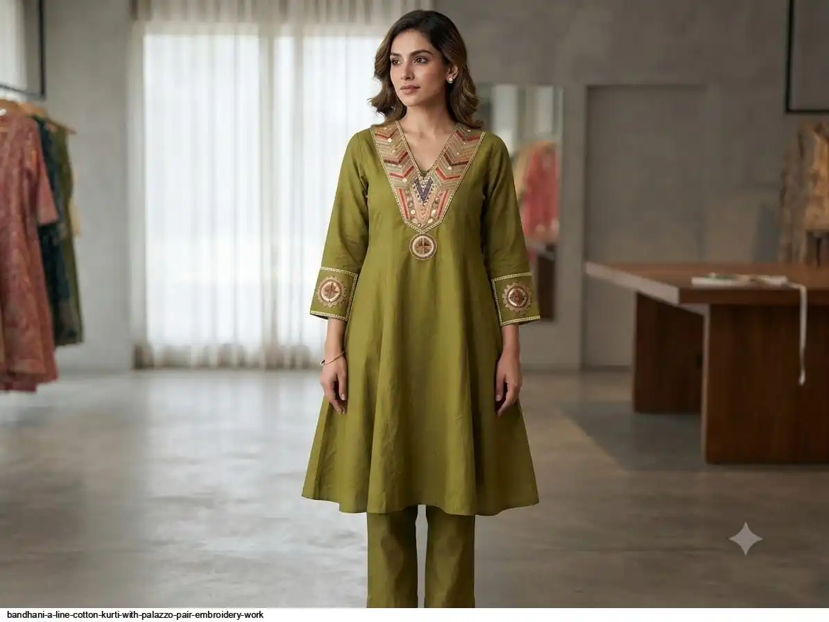 BANDHANI A LINE COTTON KURTI WITH PALAZZO PAIR EMBROIDERY WORK A
