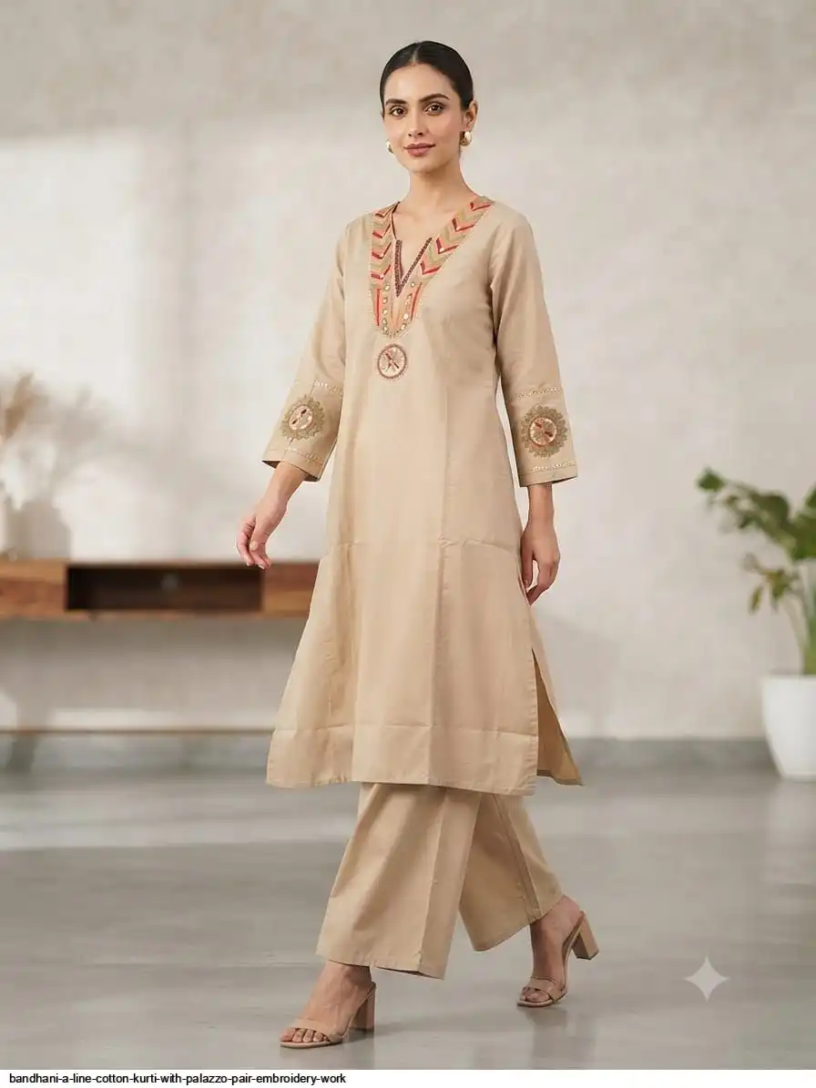 BANDHANI A LINE COTTON KURTI WITH PALAZZO PAIR EMBROIDERY WORK B