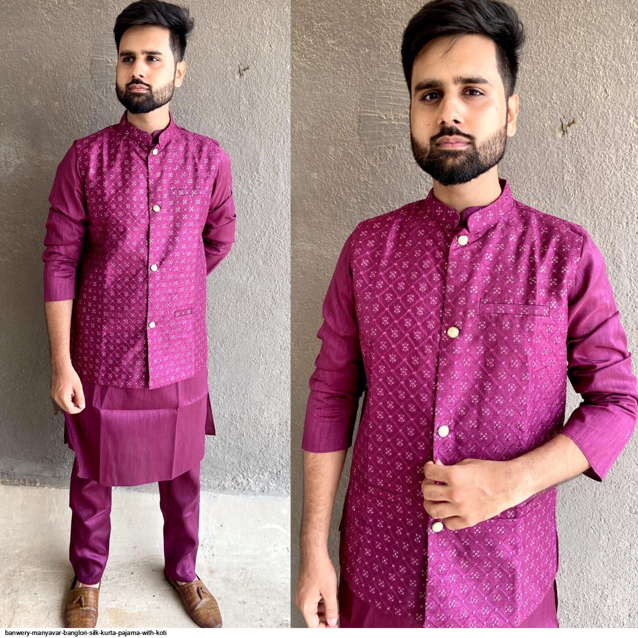 BANWERY MANYAVAR BANGLORI SILK KURTA PAJAMA WITH KOTI A