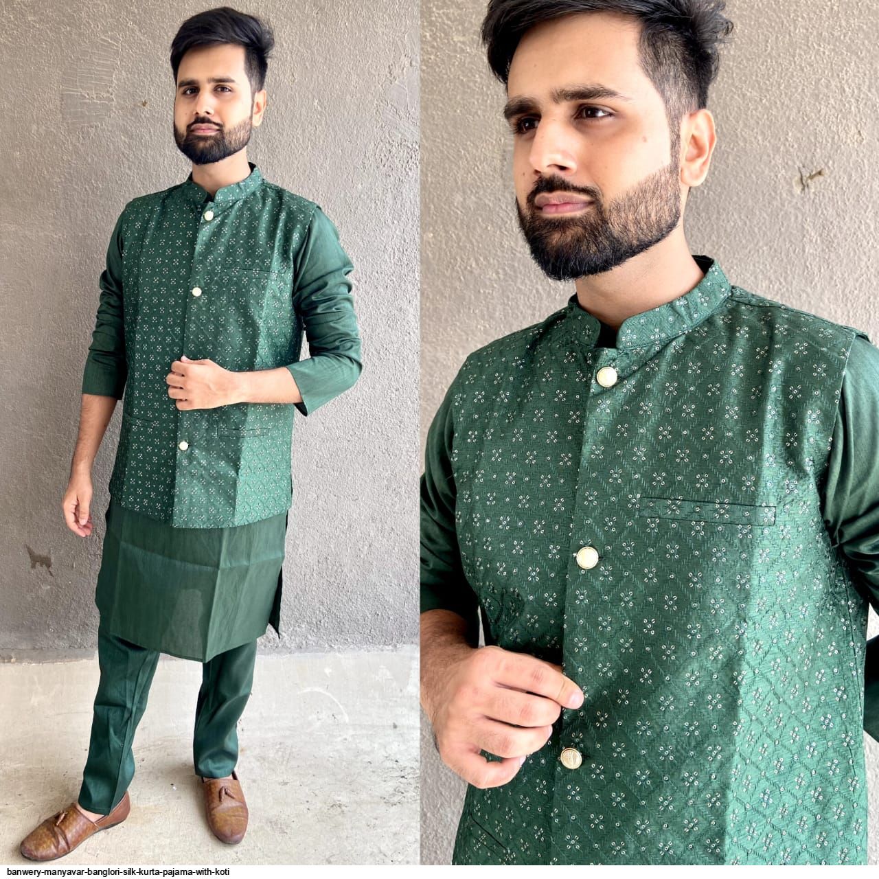 BANWERY MANYAVAR BANGLORI SILK KURTA PAJAMA WITH KOTI F