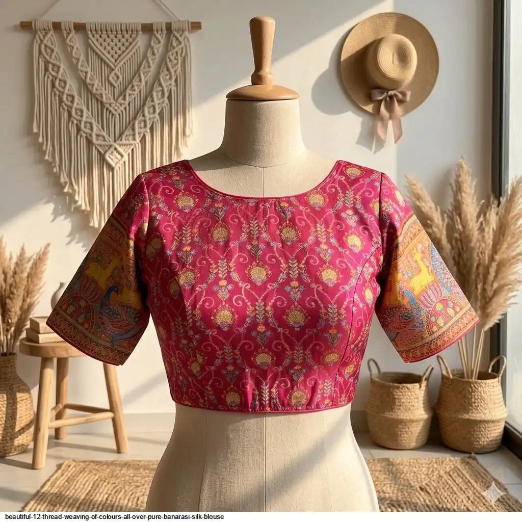 BEAUTIFUL 12 THREAD WEAVING OF COLOURS ALL OVER PURE BANARASI SILK BLOUSE A