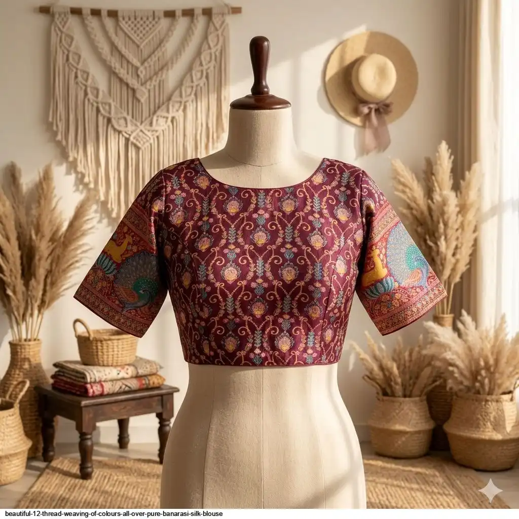 BEAUTIFUL 12 THREAD WEAVING OF COLOURS ALL OVER PURE BANARASI SILK BLOUSE E