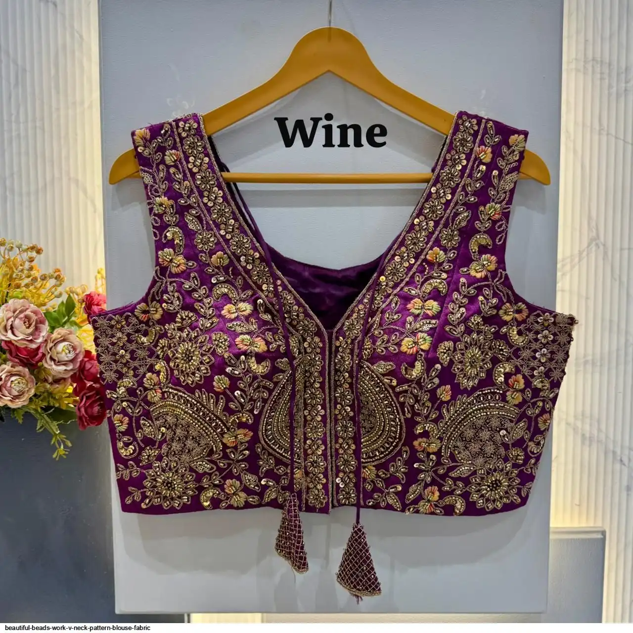 BEAUTIFUL BEADS WORK V NECK PATTERN BLOUSE FABRIC 1