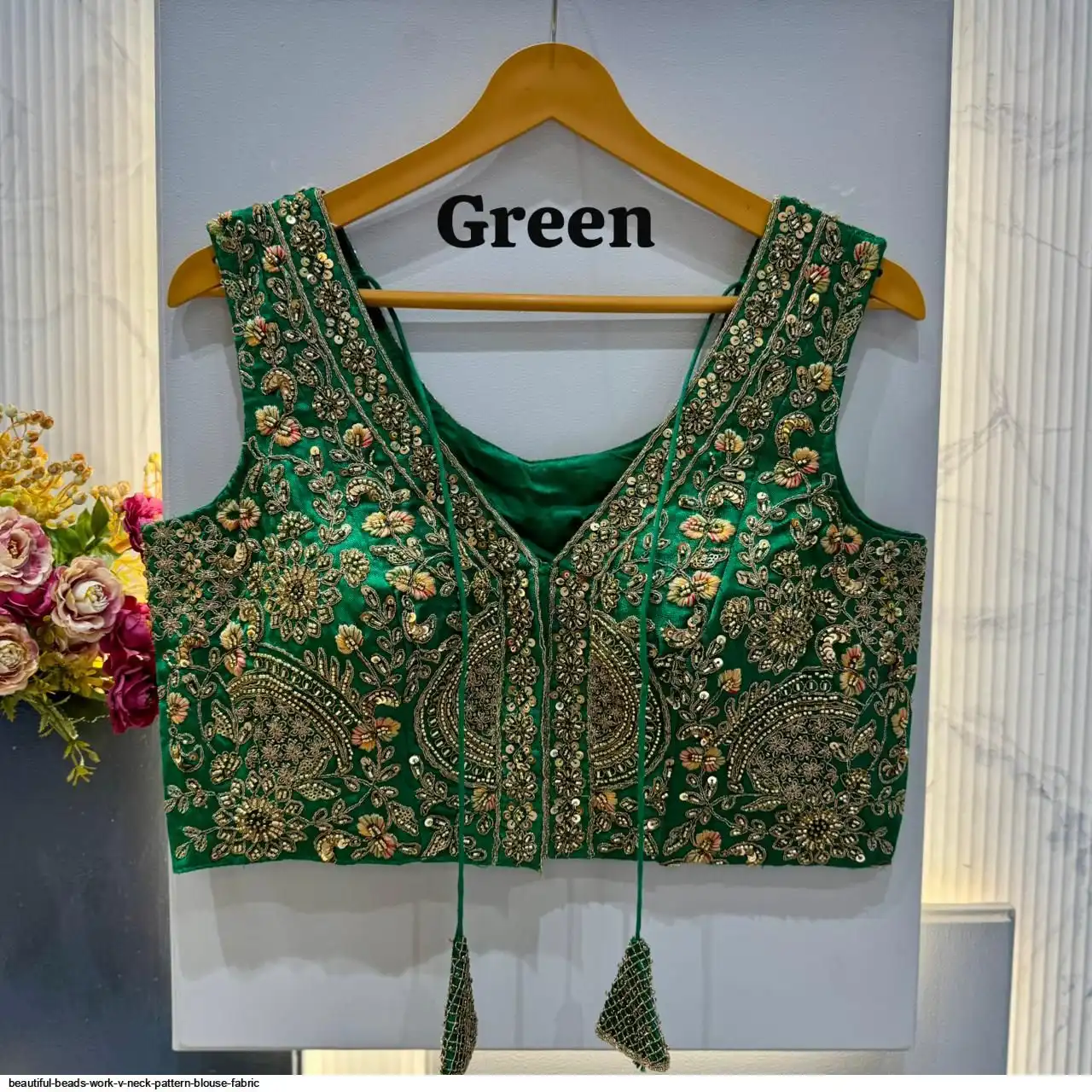 BEAUTIFUL BEADS WORK V NECK PATTERN BLOUSE FABRIC 2