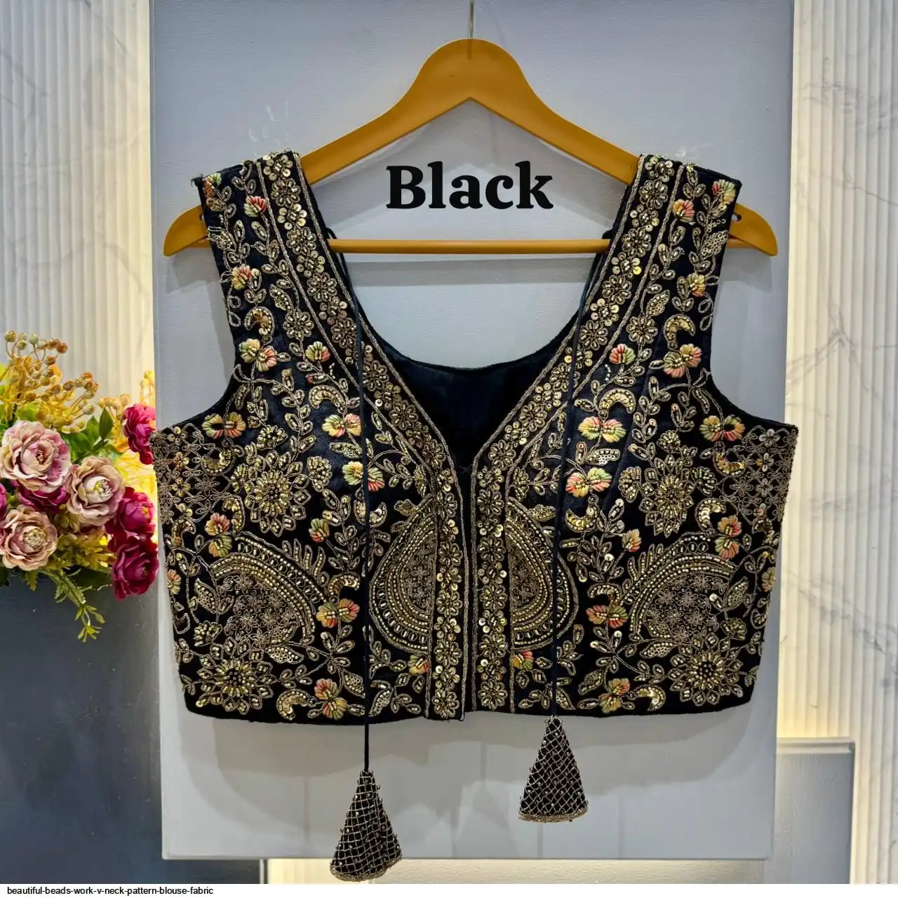 BEAUTIFUL BEADS WORK V NECK PATTERN BLOUSE FABRIC 5