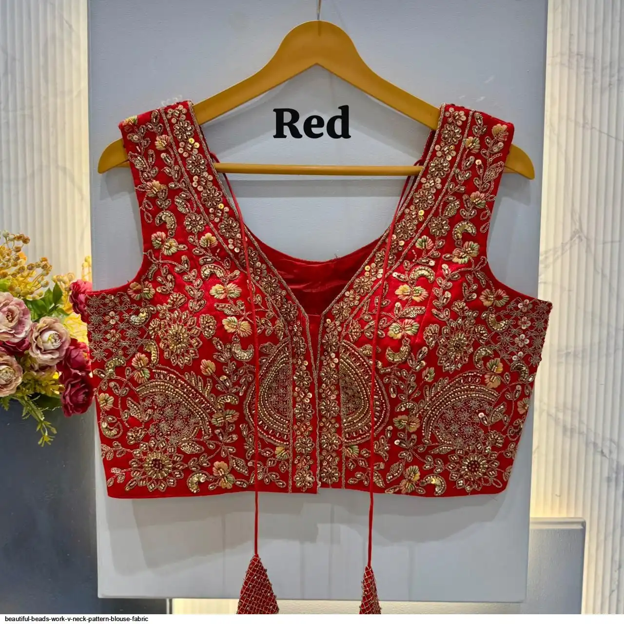 BEAUTIFUL BEADS WORK V NECK PATTERN BLOUSE FABRIC 3