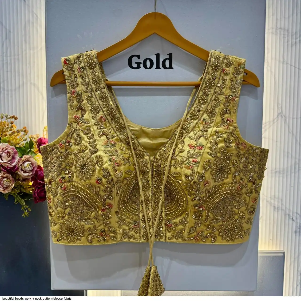 BEAUTIFUL BEADS WORK V NECK PATTERN BLOUSE FABRIC 4