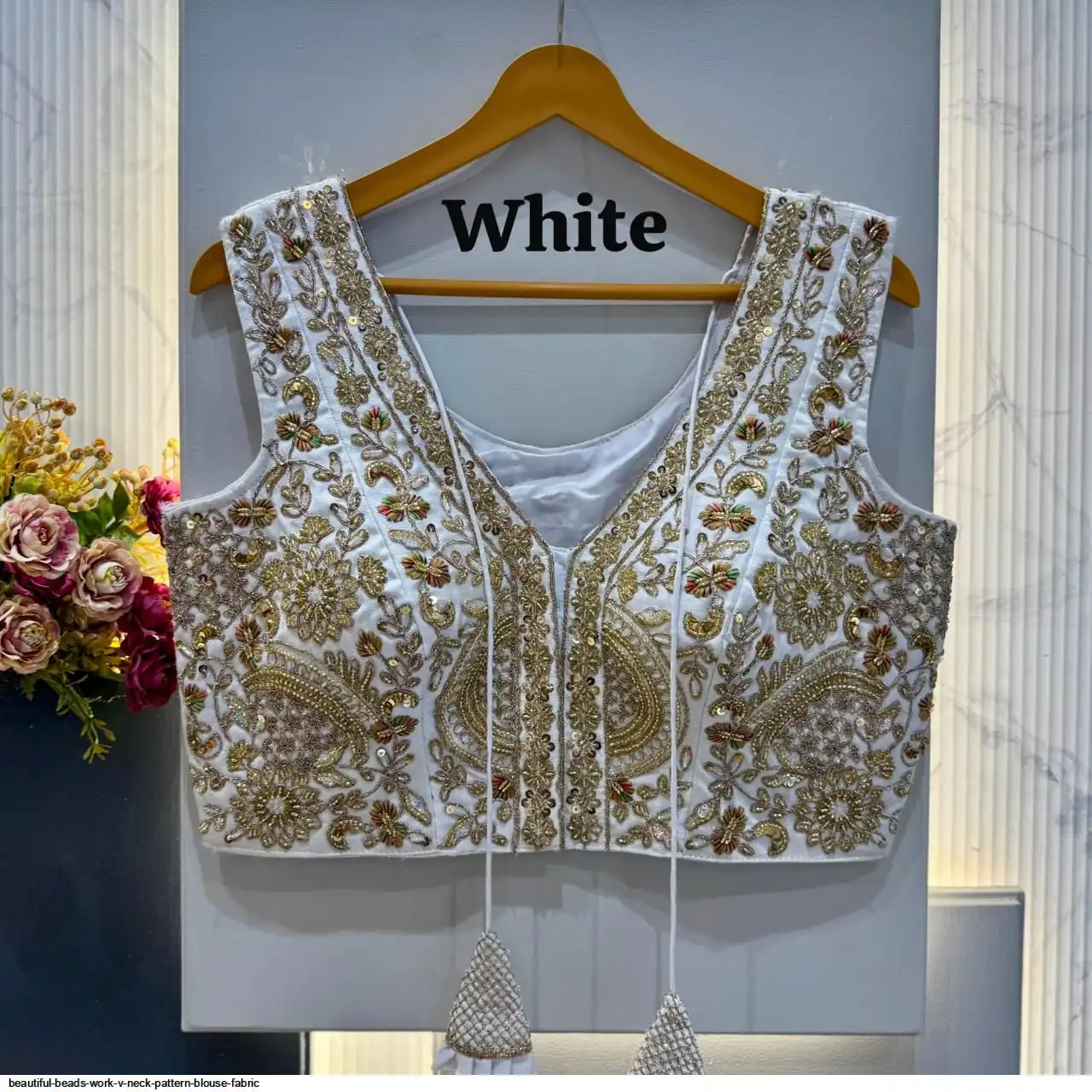 BEAUTIFUL BEADS WORK V NECK PATTERN BLOUSE FABRIC 7