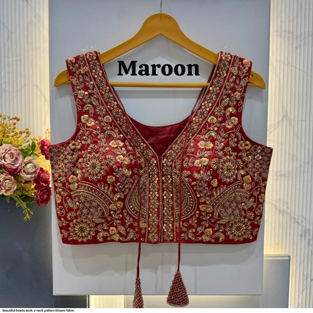 BEAUTIFUL BEADS WORK V NECK PATTERN BLOUSE FABRIC 6