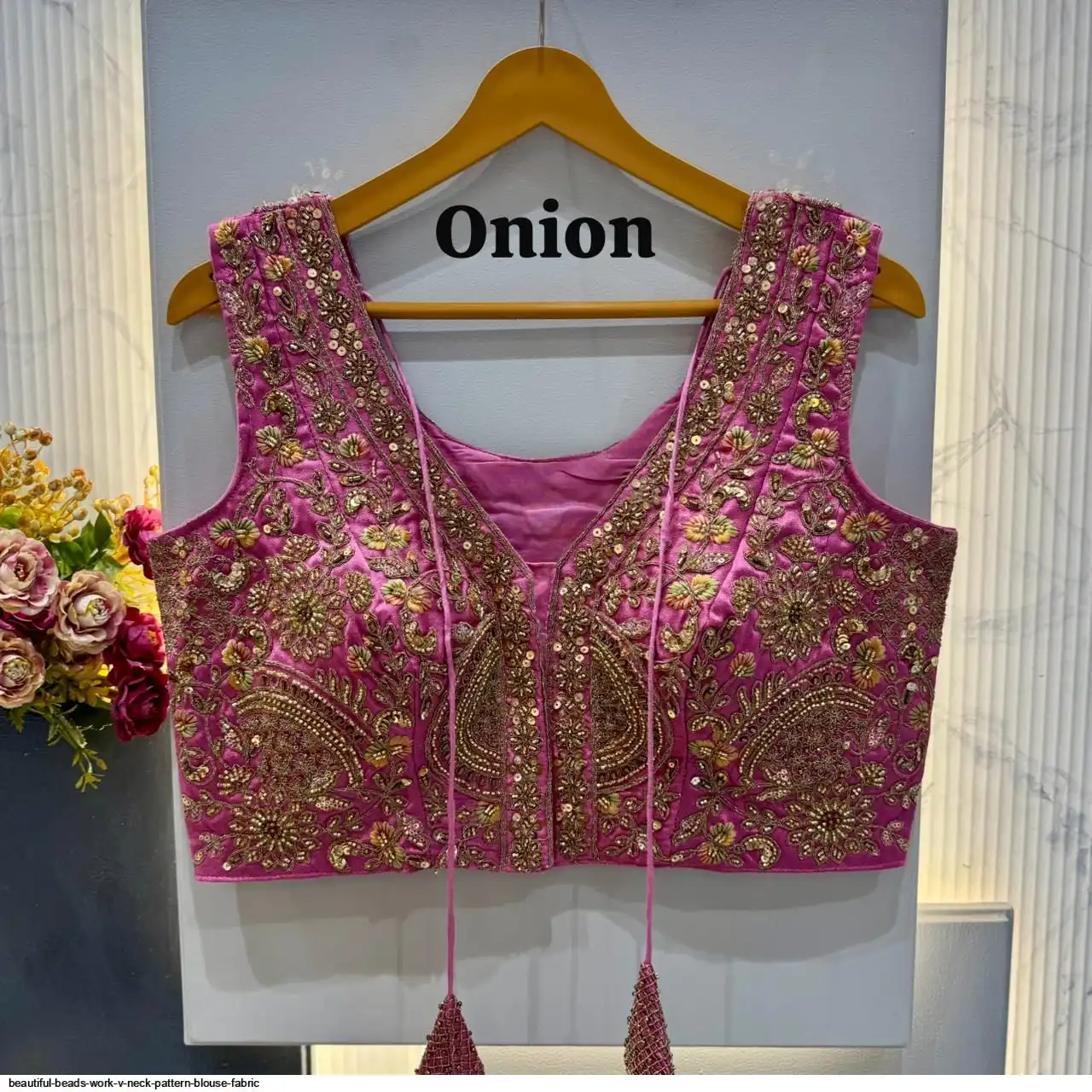 BEAUTIFUL BEADS WORK V NECK PATTERN BLOUSE FABRIC 8